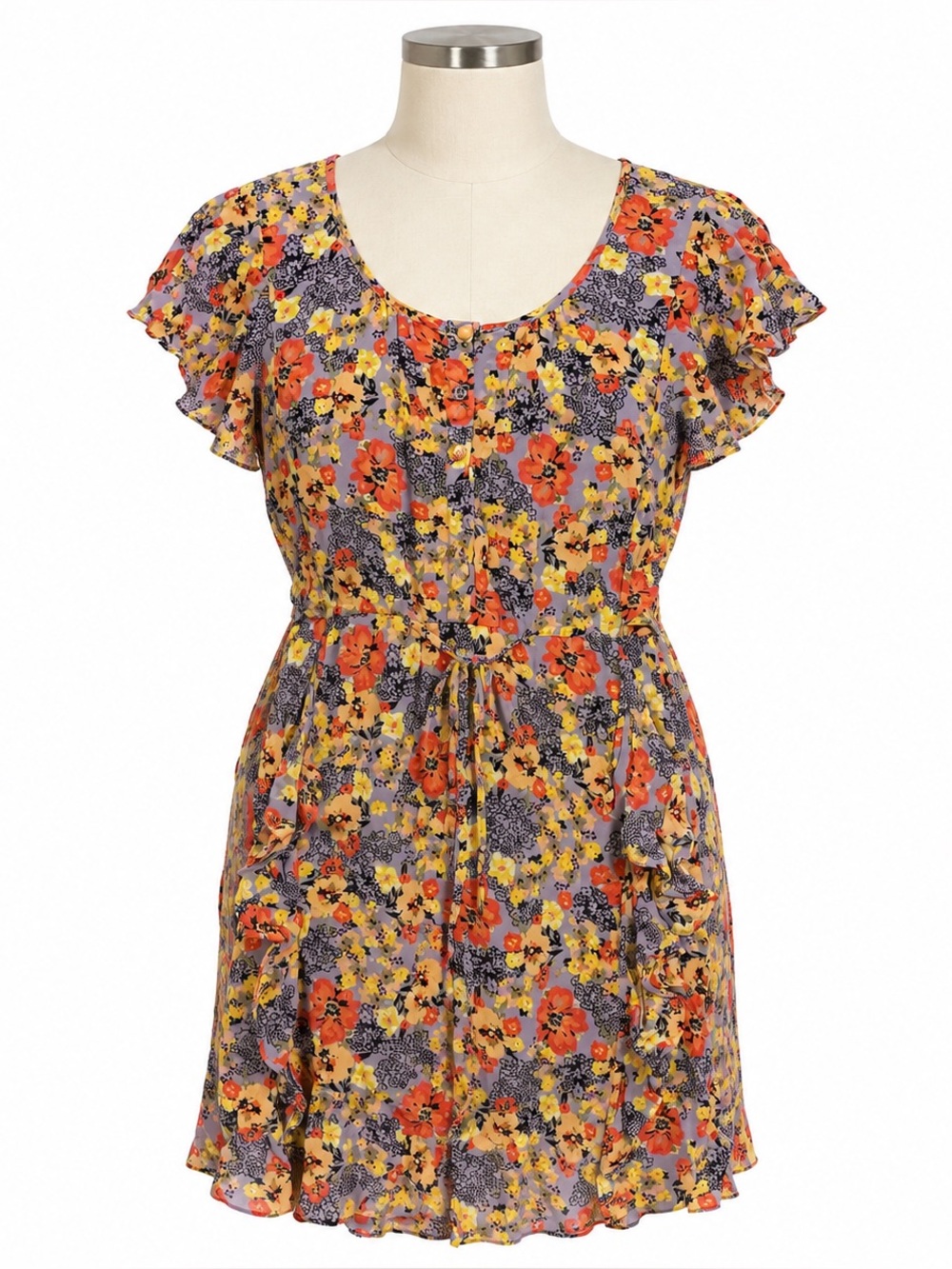 Wallis Floral Short Sleeve Tie-Waist Dress in Orange, Yellow, Purple